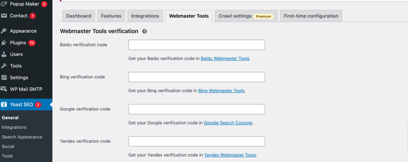Yoast Seo Webmaster Tools